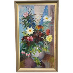Anne Carrick (Scottish 1919-2005): Still Life of Flowers in a Vase, oil on canvas signed 90cm x 50cm