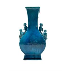 18th/19th century Chinese turquoise glazed 'Boys' vase, square section form applied with children in various poses, H28cm 