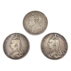 George IIII 1821 crown and two Queen Victoria crown coins dated 1888, 1891 (3)