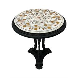 Pietra Dura design inlaid marble and cast metal side table, circular marble top with trailing floral inlays in stone and mother of pearl, on cast metal base with bead and foliate moulded rim, three curved supports in the form of scrolled foliage, on a concaved triangular base with acanthus leaf moulded feet