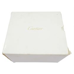 Cartier Trinity ladies 18ct gold quartz wristwatch, Ref. 2357, tricoloured gold case, white enamel dial with Roman numerals, blued steel hands and secret signature at 10, on original black leather strap with fold-over clasp, boxed with guarantee papers dated 1999