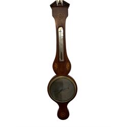 Early 19th century  - Inlaid mahogany Sheraton mercury barometer with a silvered register and spirit thermometer,  register signed  Porrie,  Leicester, syphon tube intact and mercury present.