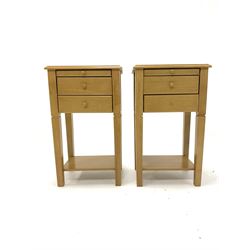 Pair of 20th century beech bedside tables, with slide over two drawers, raised on square tapered supports united by under tier 40cm x 30cm, H67cm