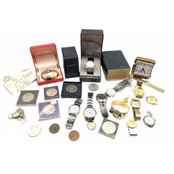 Collection of mostly quartz wristwatches to include Accurist, Seiko, Santima, Sekonda and others, together with various bracelet sections, cuff links, travel alarm clock, commemorative crowns etc 