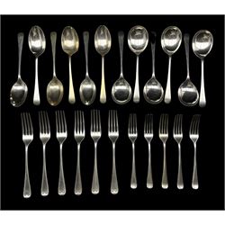 Suite of Old English pattern silver cutlery comprising six table forks, six soup spoons, six dessert spoons and five dessert forks Birmingham 1936 Maker Northern Goldsmiths Co. 35oz