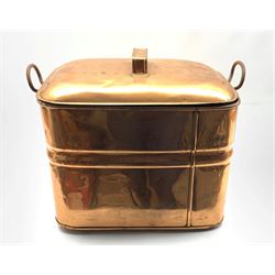 19th century twin-handled copper and tin lined cooking pan and cover or canister,  indistinct brass seal, H34cm x L46cm 