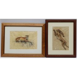 Jill Mary Dickin (British ?-2020): Running Hare and Seated Dog, three watercolours, two signed, max 20cm x 30cm (3) 
Provenance: artist's estate