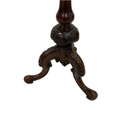 Late 19th century walnut serpentine demi-lune pedestal table, the raised back with etched frosted glass panel with pierced and carved C-scrolls, the baluster pedestal carved with foliate decoration, terminating in tripod base with scrolled cabriole feet
