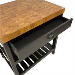 Butcher's block trolley, black finish base fitted with drawer