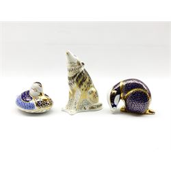 Three Royal Crown Derby paperweights comprising a Wolf, Badger and Duck (3) 