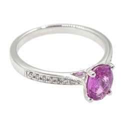 18ct white gold oval pink sapphire ring, with diamond set shoulders, hallmarked, sapphire approx 0.90 carat