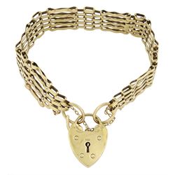 9ct gold five bar gate bracelet, with heart locket clasp hallmarked