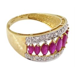 9ct gold marquise shaped ruby and diamond ring, hallmarked 