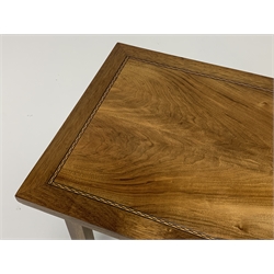 Late 20th century walnut coffee table, rectangular top with chequered banding, square supports with inner chamfered edge, 79cm x 48cm, H48cm