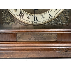 Smiths walnut cased walnut mantel / presentation clock, silvered dial with gilt metal spandrels, platform balance movement - with key