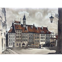 Julia Midgley (British 1948-): 'Kiss', limited edition screen print signed titled and dated '79 numbered 6/40 together with Polish School (20th century): Old Town Square Warsaw, watercolour indistinctly signed and dated '79 max 34cm x 44cm (2)