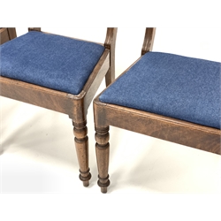 Set four early 19th century mahogany dining chairs, with shaped rails and reeded uprights, drop in upholstered seat pads, raised on ring turned front supports, together with two other 19th century chairs 
