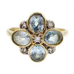 9ct gold blue topaz and diamond flower cluster ring, stamped 375