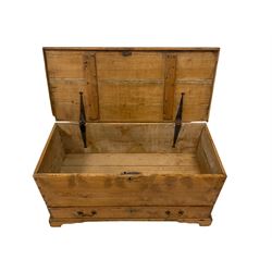 Late 19th century rustic pine mule chest, rectangular hinged top fitted with single drawer below main  compartment, on bracket feet