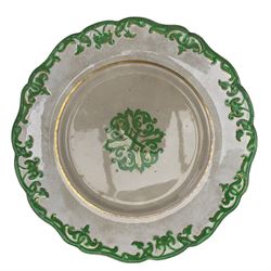 Four 19th century Ridgways dessert plates decorated in green and gilt from the Sotheby's Chatsworth sale 2010 together with a copy of the catalogue, 18th century Worcester pattern cup, Newhall tea bowl and saucer, a pair of Continental saucer dishes painted with birds and flowering branches and a lustre saucer