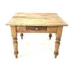 Victorian pine kitchen dining table, fitted with one drawer, raised on turned supports 