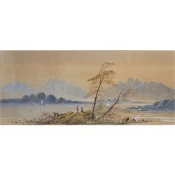 Unsigned 19th century watercolour of a Continental lake and mountain landscape, 23cm x 51cm 