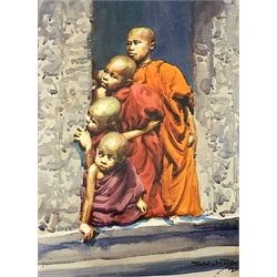 PhofSof watercolour of a Buddhist monk, 27cm x 37cm, two others in similar subject and one other picture