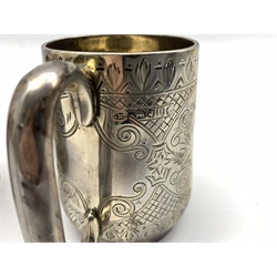 Victorian engraved silver christening mug London 1883 Maker Josiah Williams & Co and a plain silver mug with inscription Birmingham 1926 10.6oz 