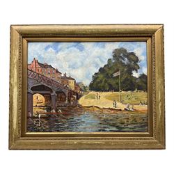 Stanislas Lépine (French 1835-1892) after Alfred Sisley (French 1839-1899): 'Bridge at Hampton Court', oil on board signed and dated '74, 32cm x 42cm