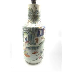 Chinese Republic porcelain vase,  painted with a mountainous, watery landscape scene, depicting figures on fishing boats and houses amidst rocks and pine trees, converted to electric, red seal to base, H45cm 