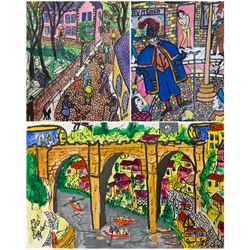 Lois Bygrave (Northern British 1915-1996): 'Town crier' 'Knaresborough' and 'Bronte museum', pair  hand-coloured prints and one pen ink and watercolour, signed and titled verso 20cm x 15cm (3) (two unframed)
