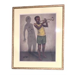Haitian School (contemporary): Boy Playing Trumpet, colour lithograph indistinctly signed 45cm x 35cm