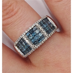 White gold square cut blue diamond and round brilliant cut white diamond ring, tamped 14K