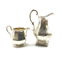 Victorian engraved silver milk jug of panel sided form with scroll handle H17cm London 1847 Maker possibly John Welby and a silver panel sided cream jug London 1912 15.3oz