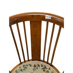 Edwardian mahogany tub shape chair, with inlaid cresting rail and splat over upholstered seat, raised on turned supports 