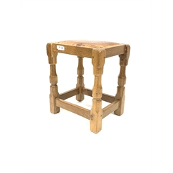 Yorkshire oak - oak joint stool, rectangular studded leather top, on octangular supports joined by stretchers,  