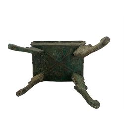 Chinese archaistic style censer of fang ding form, the rectangular sectioned vessel supported by four flattened kui-form legs, the sides cast in relief with taotie, pierced rectangular cover surmounted with a recumbent mythical creature, H20cm