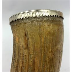 19th Century Indian drinking horn with silver mount and engraved floral decoration, length approx 40cm