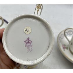 18th century Derby two handled cup on a socketed saucer decorated with roses and trailing flowers circa 1775, Chelsea Derby tea bowl decorated with trailing leaves, Derby jug of fluted design with a floral border pattern numbered 173 H 7cm and three other Derby pieces