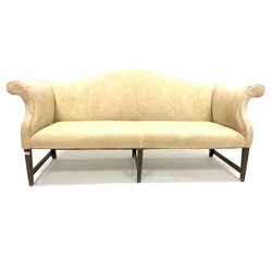 George III mahogany framed camel back three seat settee, upholstered in cream floral damask, raised on square tapered supports united by stretchers, W214cm, H97cm, D78cm