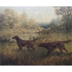 After Percival Leonard Rosseau (American/French 1859 -1937): 'Irish Setters on Point', artagraph on canvas 67cm x 81cm