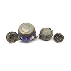Early 20th century Chinese hardstone lidded jar with brass mounts, pierced cover and mask handles, together with a similar porcelain lidded jar, tallest H8cm (2)