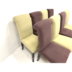 Set eight contemporary upholstered dining chairs, upholstered in cream and purple fabric, raised on square shaped supports 