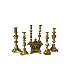 Pair of Victorian brass candlesticks H25cm, two further pairs of smaller Victorian brass candlesticks and a pierced brass inkwell
