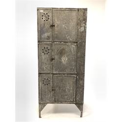 19th century riveted and galvanised metal industrial locker, six cupboards each enclosing shelves, raised on angular supports, possible a food locker from ships canteen, 
W67cm, H158cm, D57cm