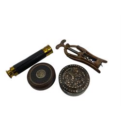 19th century tortoiseshell circular box with inlaid gold decoration D8cm, a wooden box, Heeley & Sons double lever corkscrew and a three draw brass telescope (4)