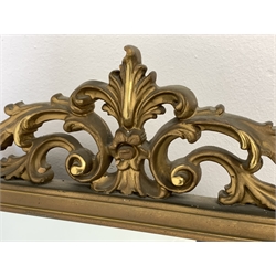 20th century gilt framed over mantel mirror, the rectangular mirror surmounted by scrolled acanthus leaf pediment