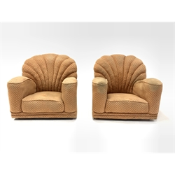 Pair of early 20th century art deco shell back armchairs, upholstered in salmon herringbone fabric, W91cm