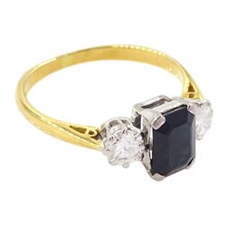 18ct gold three stone emerald cut sapphire and round brilliant cut diamond ring, stamped, total diamond weight approx 0.40 carat