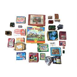 Early 20th century Dolls enamel tableware, vintage jigsaws, Philidyne headlight, Lesney Coronation coach, Dinky diecast Jeep, various soldiers etc in two boxes
